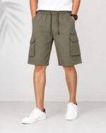 Premium Men’s Cargo Shorts olive green front view with adjustable drawstring