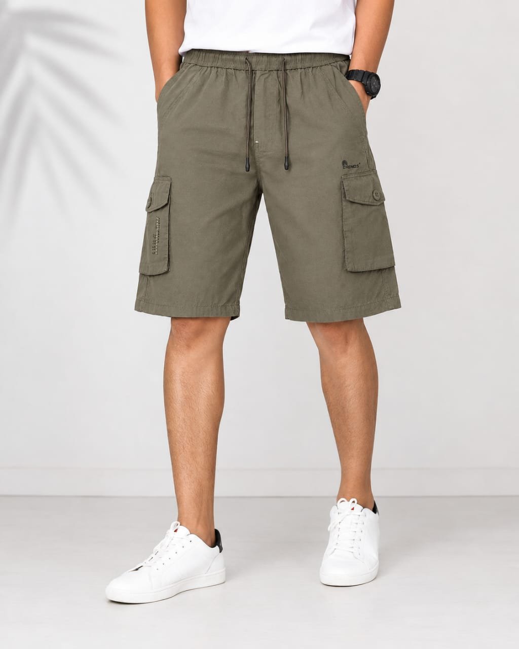 Premium Men’s Cargo Shorts olive green front view with adjustable drawstring