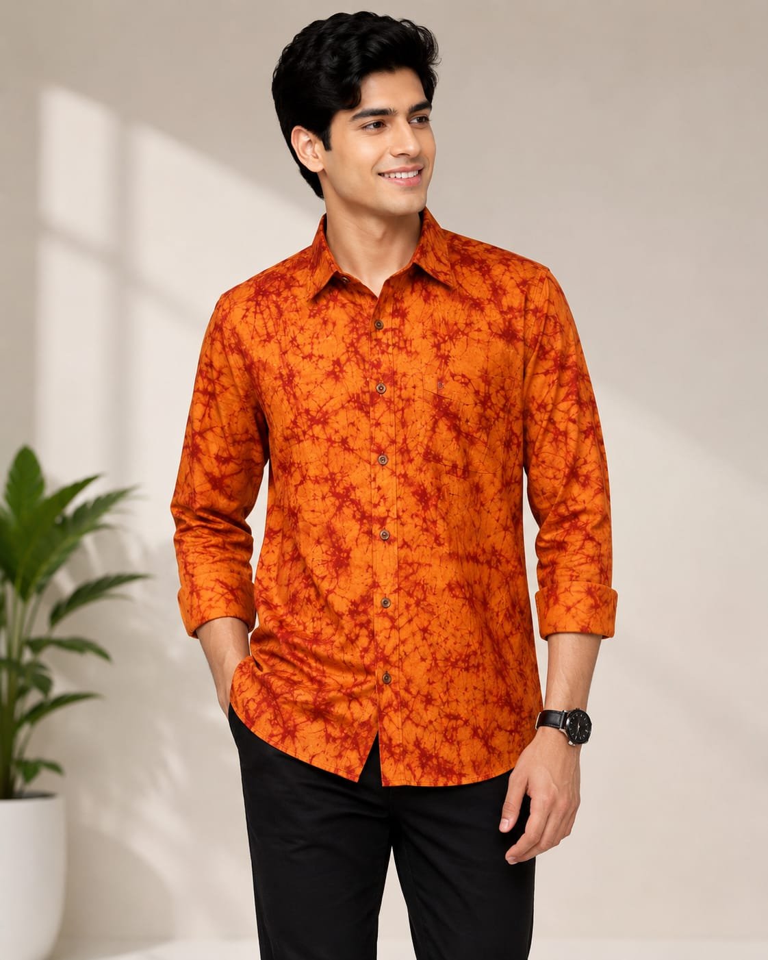 WhatsApp Image 2026-06-30 at 11.22.50 Premium Men's Orange Batik Printed Shirt Front View