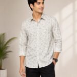 Premium Men's Light Grey Floral Printed Shirt Front View