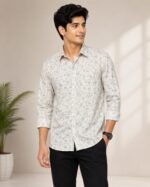 Premium Men's Light Grey Floral Printed Shirt Front View