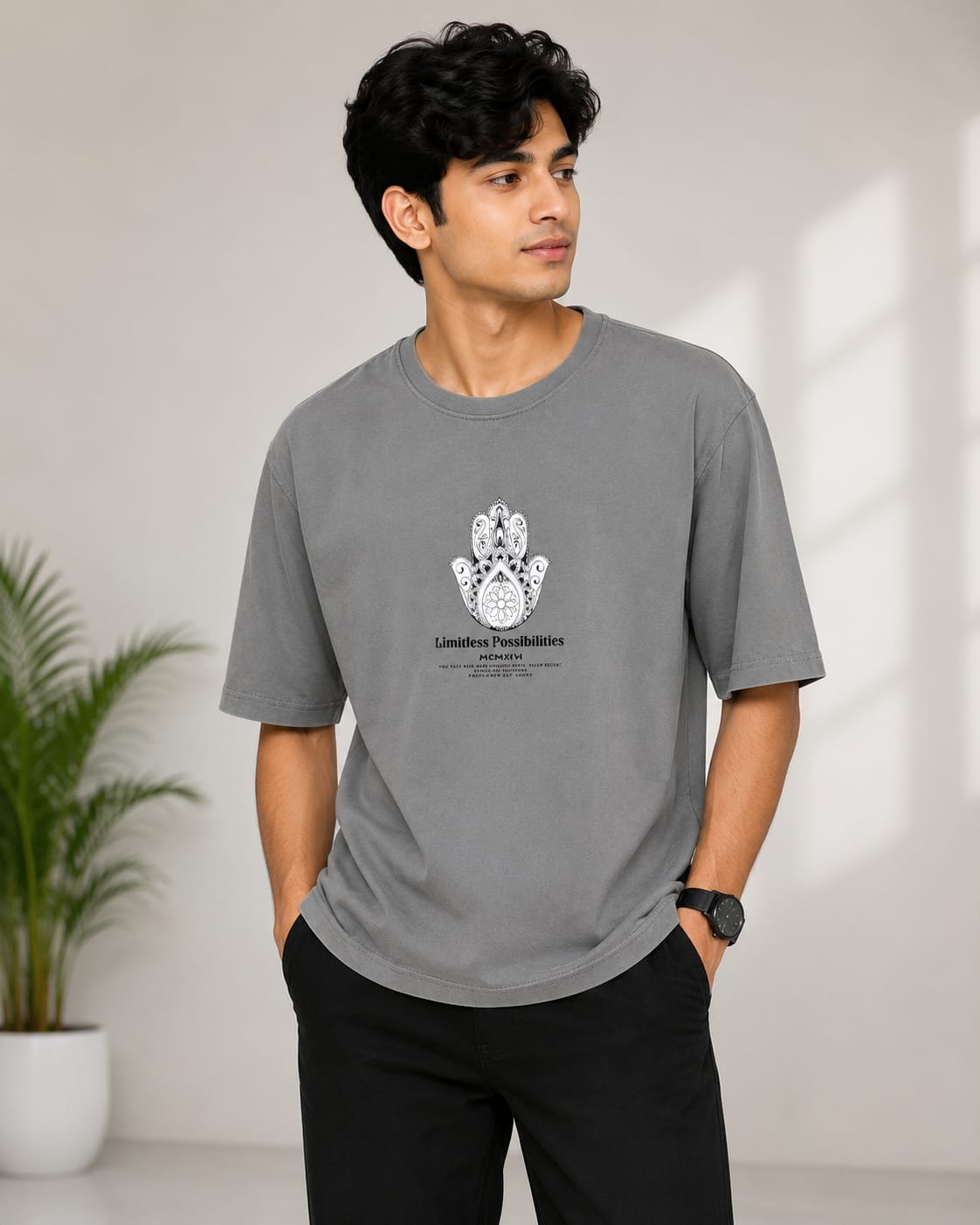 Men's Grey Oversized Streetwear T-Shirt with Graphic Print