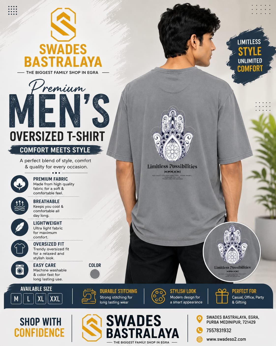 Premium Grey Oversized Graphic Back Print T-Shirt for Men