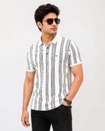 White Striped Polo T-Shirt Front View