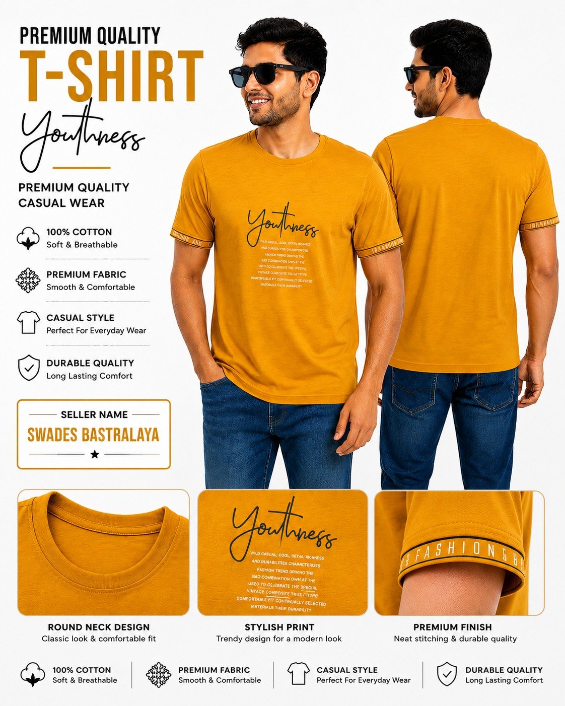 Youthness Print Design on Mustard Yellow Cotton T-Shirt