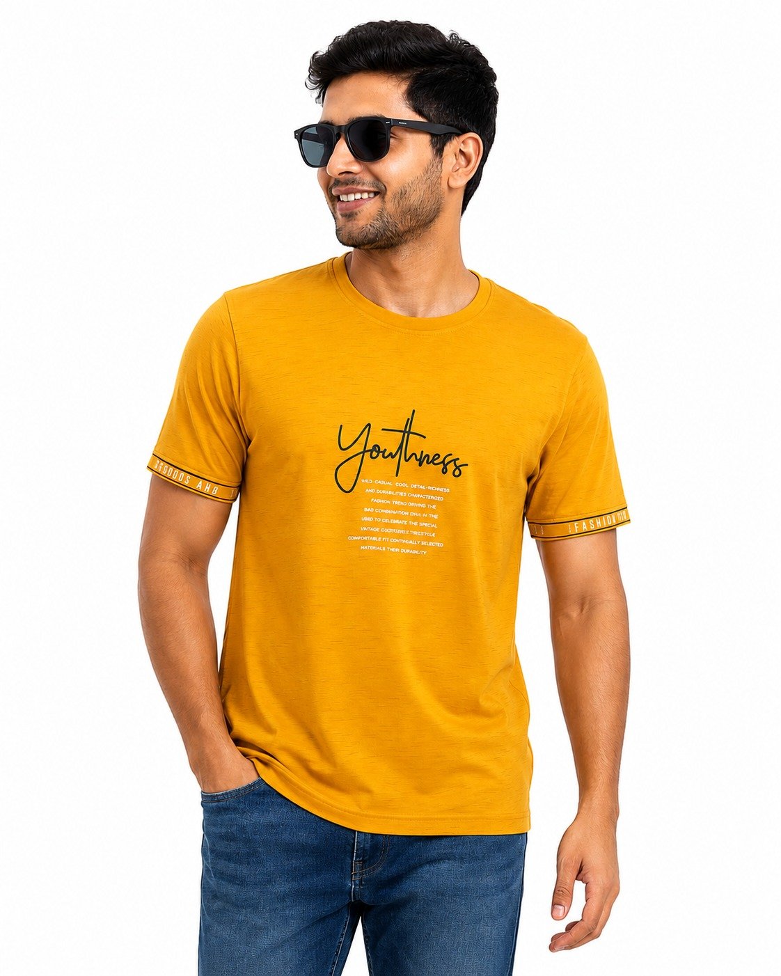 Men's Mustard Yellow Printed T-Shirt Front View