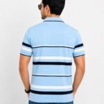 Men's Sky Blue Striped Polo T-Shirt Back View – Regular Fit Half Sleeve Polo