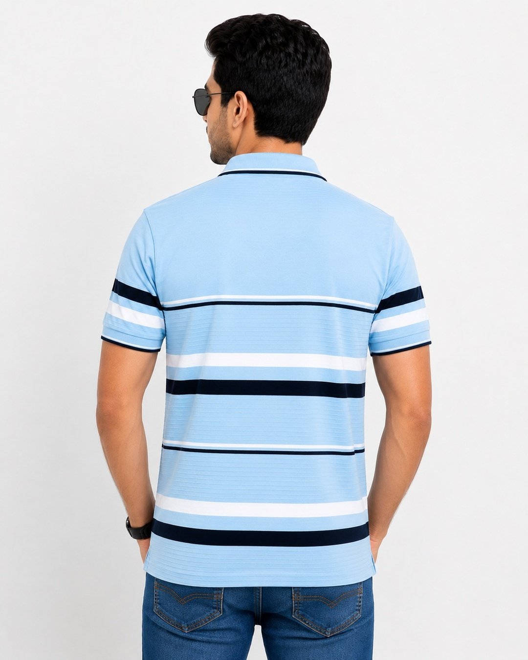 Men's Sky Blue Striped Polo T-Shirt Back View – Regular Fit Half Sleeve Polo
