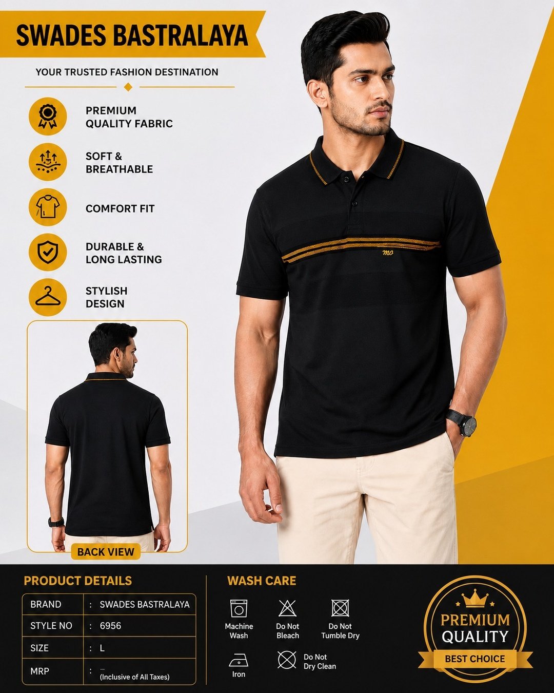 Black Premium Cotton Polo T-Shirt with Mustard Stripe Design