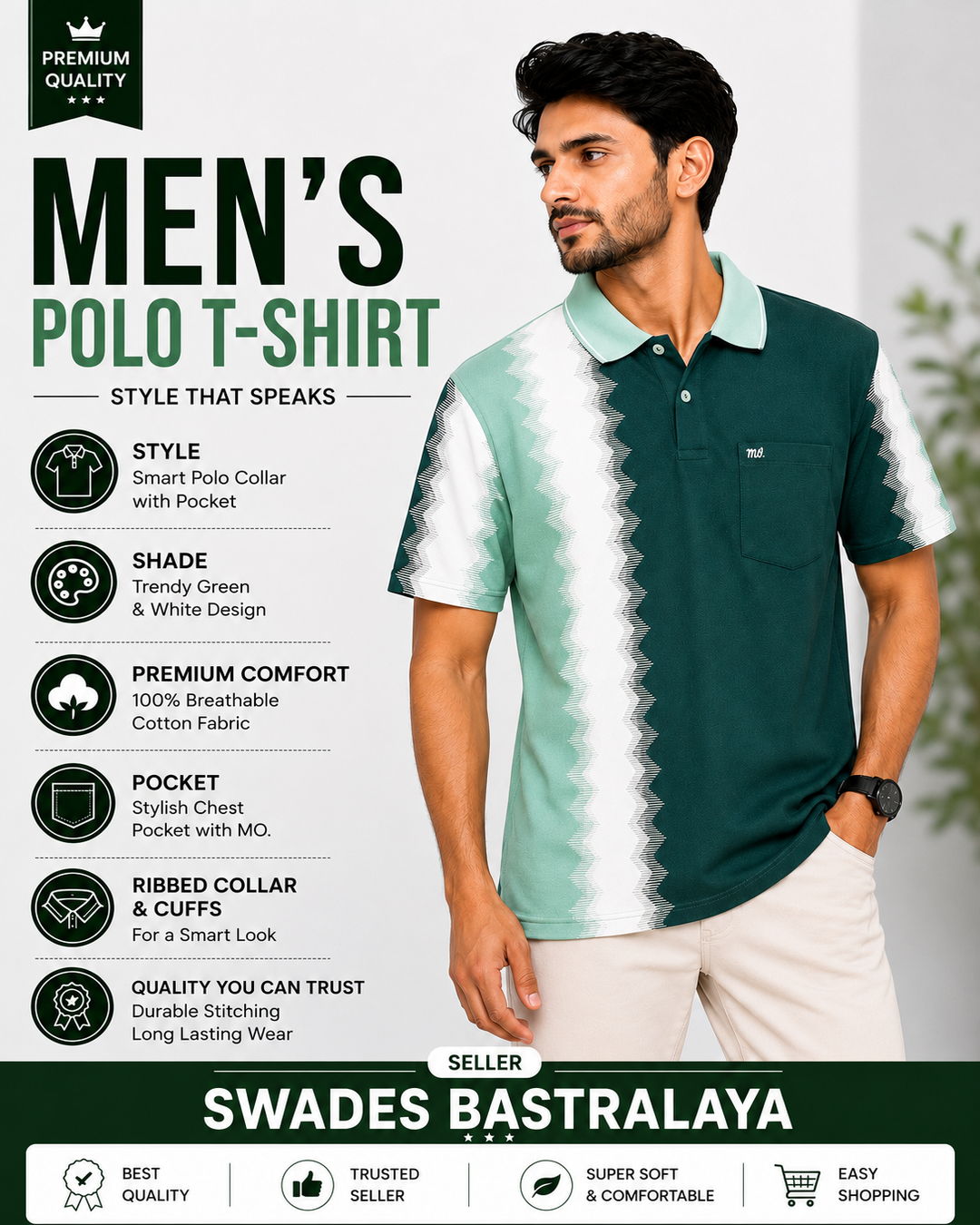 Premium Cotton Green & White Polo T-Shirt for Men
