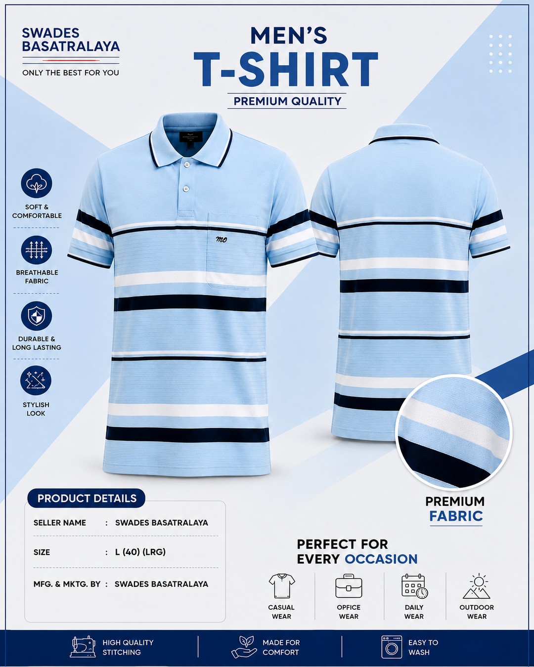 Men's Sky Blue Striped Polo T-Shirt Premium Cotton Blend | Swades Bastralaya