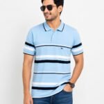 Men's Sky Blue Striped Polo T-Shirt Front View – Premium Cotton Blend Casual Wear