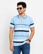 Men's Sky Blue Striped Polo T-Shirt Front View – Premium Cotton Blend Casual Wear