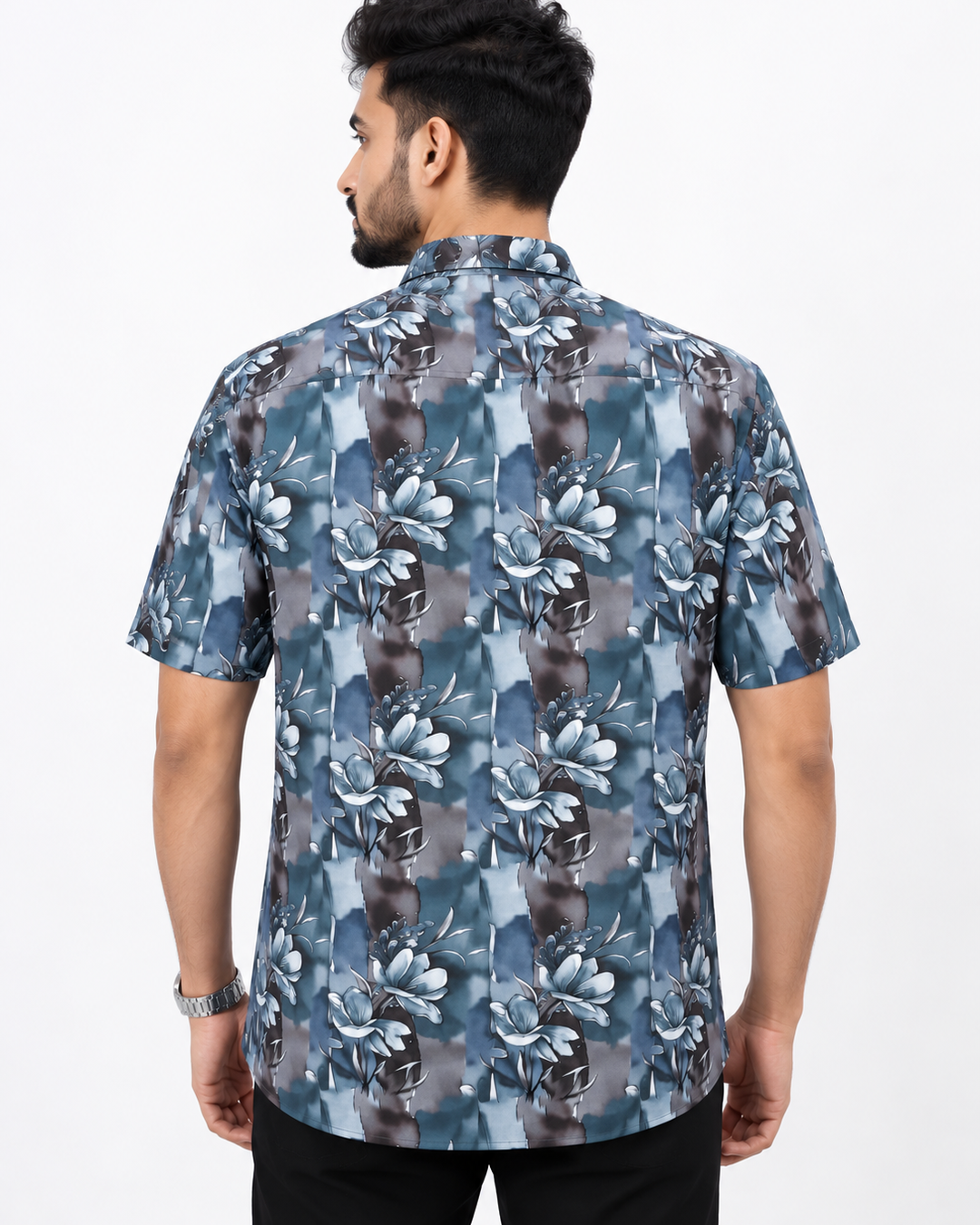 shirt_back_view_1080x1350 Men’s Blue Grey Floral Printed Cotton Shirt Back View